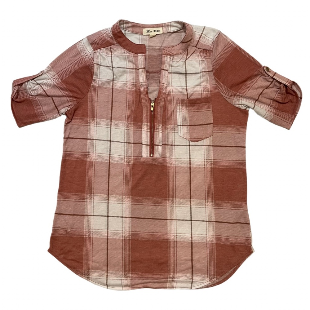 Blue Mood Plaid Quarter Zip Tunic Blouse Mauve Brown Beige M Roll Tab Sleeve Top - Picture 4 of 6